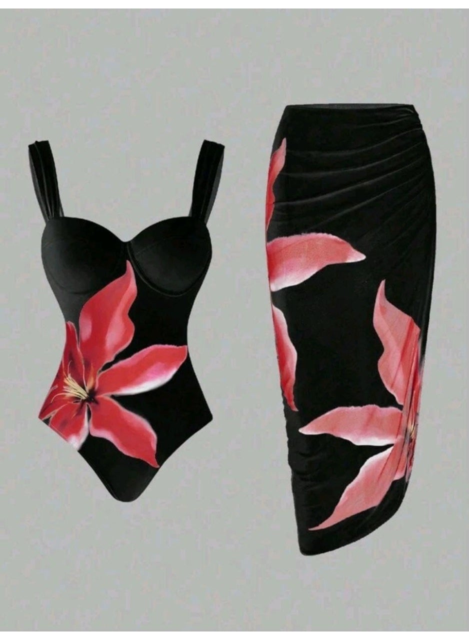 SHEIN-2pcs/Set Swim One-Piece Swimsuit With Cover-Up Skirt